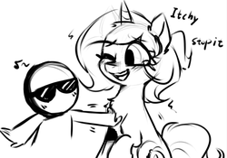 Size: 1094x767 | Tagged: safe, artist:oofycolorful, oc, oc only, pony, unicorn, g4, black and white, blushing, chest fluff, dialogue, female, grayscale, mare, monochrome, one eye closed, simple background, smiling, sunglasses, white background