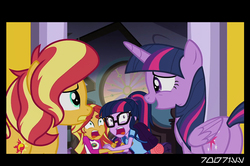Size: 640x426 | Tagged: safe, edit, edited screencap, editor:teren rogriss, screencap, sci-twi, sunset shimmer, twilight sparkle, alicorn, human, pony, unicorn, equestria girls, equestria girls series, forgotten friendship, g4, butt, comic, cutie mark, female, glasses, gritted teeth, horn, human ponidox, mare, open mouth, plot, screencap comic, self ponidox, twilight sparkle (alicorn), wings