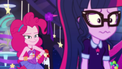 Size: 1920x1080 | Tagged: safe, screencap, pinkie pie, sci-twi, twilight sparkle, equestria girls, g4, my little pony equestria girls: better together, twilight under the stars, bare shoulders, female, sleeveless, smiling, strapless, wavy mouth
