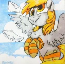 Size: 1280x1259 | Tagged: safe, artist:oofycolorful, derpy hooves, pegasus, pony, g4, chest fluff, clothes, cloud, cloudy, cute, derpabetes, female, letter, lip bite, mail, mare, sky, socks, solo, spread wings, striped socks, traditional art, wings