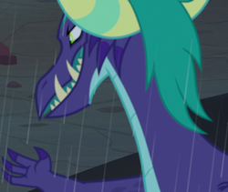 Size: 854x720 | Tagged: safe, screencap, gaius, dragon, g4, the hearth's warming club, cropped, green eyes, male, open mouth, rain, raised claw, trap