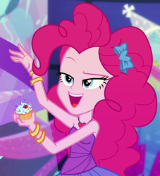 Size: 924x1018 | Tagged: safe, screencap, pinkie pie, equestria girls, equestria girls series, g4, twilight under the stars, spoiler:eqg series (season 2), bare shoulders, bracelet, clothes, cropped, cupcake, dress, female, food, heart necklace, jewelry, lidded eyes, open mouth, open smile, rah rah skirt, raised eyebrow, skirt, sleeveless, smiling, solo, sprinkles, strapless