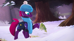 Size: 1280x720 | Tagged: safe, artist:mod-madclicker, idw, tempest shadow, fish, pony, unicorn, g4, spoiler:comic, spoiler:comic67, 3d, armor, clothes, female, forest, hat, mare, scarf, snow, tempest's tale, tree