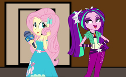 Size: 1800x1098 | Tagged: safe, artist:bigpurplemuppet99, artist:kimberlythehedgie, aria blaze, fluttershy, equestria girls, g4, ariashy, duo, female, flat colors, lesbian, shipping, show accurate, soft color
