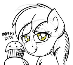 Size: 1076x959 | Tagged: safe, artist:ashtoneer, derpy hooves, pegasus, pony, g4, black and white, bust, chest fluff, dialogue, female, food, grayscale, hoof hold, lidded eyes, looking at you, mare, monochrome, muffin, partial color, simple background, solo