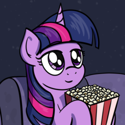 Size: 997x997 | Tagged: safe, alternate version, artist:ashtoneer, twilight sparkle, pony, unicorn, g4, advertisement in description, couch, female, food, holding, mare, popcorn, sitting, solo, unicorn twilight, watching