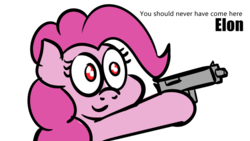 Size: 1280x720 | Tagged: safe, artist:ashtoneer, pinkie pie, earth pony, pony, g4, dank memes, dialogue, elon musk, female, gun, hoof hold, mare, meme, shitposting, simple background, solo, weapon, white background