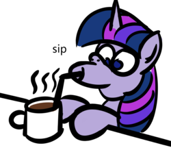 Size: 1057x924 | Tagged: safe, artist:ashtoneer, twilight sparkle, pony, unicorn, g4, cup, drinking, drinking straw, female, mare, mug, simple background, solo, straw, table, unicorn twilight, white background