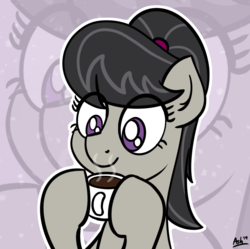 Size: 999x997 | Tagged: safe, artist:ashtoneer, octavia melody, earth pony, pony, g4, alternate hairstyle, cup, drink, female, hair tie, hoof hold, mare, mug, ponytail, solo, zoom layer