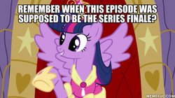 Size: 600x337 | Tagged: safe, edit, edited screencap, screencap, twilight sparkle, alicorn, pony, g4, magical mystery cure, big crown thingy, clothes, coronation dress, dress, end of ponies, female, impact font, jewelry, memeful.com, regalia, solo, twilight sparkle (alicorn)