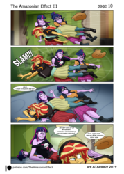 Size: 1697x2367 | Tagged: safe, artist:atariboy2600, artist:bluecarnationstudios, sci-twi, sunset shimmer, twilight sparkle, comic:the amazonian effect, comic:the amazonian effect iii, equestria girls, g4, comic, friendship, knock out, slam