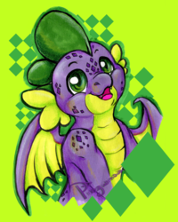 Size: 2020x2530 | Tagged: safe, artist:pingwinowa, spike, dragon, g4, baby, baby dragon, cute, fangs, freckles, green background, green eyes, happy, high res, looking at you, male, mixed media, scales, signature, simple background, smiling, spikabetes, winged spike, wings