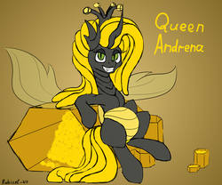 Size: 1500x1250 | Tagged: safe, artist:rubiont, derpibooru exclusive, oc, oc only, oc:honeybee, oc:queen andrena, changeling, changeling queen, belly, changeling oc, changeling queen oc, evolution, female, food, gradient background, grin, honey, honeycomb (structure), queen, sitting, sketch, smiling, solo, yellow changeling