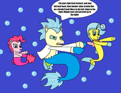 Size: 1472x1124 | Tagged: safe, artist:logan jones, pinkie pie, pony rick, princess skystar, pony, seapony (g4), g4, grannies gone wild, my little pony: the movie, bubble, dancing, missing accessory, ponified, rapping, rick and morty, rick sanchez, seaponified, species swap, speech bubble, the rick dance, underwater, wrong design