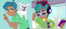 Size: 2372x1072 | Tagged: safe, screencap, carlos thunderbolt, dog, human, equestria girls, equestria girls specials, g4, mad twience, my little pony equestria girls: mirror magic, my little pony equestria girls: summertime shorts, background human, cellphone, clothes, comparison, cropped, glasses, male, phone, smartphone, smiling, sunglasses, wood opal