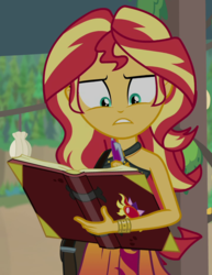 Size: 719x933 | Tagged: safe, screencap, sunset shimmer, equestria girls, equestria girls specials, g4, my little pony equestria girls: better together, my little pony equestria girls: forgotten friendship, book, cropped, female, sleeveless, solo