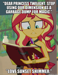 Size: 600x778 | Tagged: safe, edit, edited screencap, screencap, sunset shimmer, equestria girls, equestria girls specials, g4, my little pony equestria girls: better together, my little pony equestria girls: forgotten friendship, adventure in the comments, book, female, gritted teeth, impact font, implied twilight sparkle, male, memeful.com, spoilers in the comments, text, the simpsons