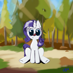 Size: 3000x3000 | Tagged: safe, artist:luxsimx, rarity, butterfly, pony, unicorn, g4, female, forest background, high res, sitting, solo, surprised