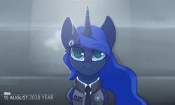 Size: 1772x1063 | Tagged: safe, artist:php97, princess luna, alicorn, android, pony, robot, robot pony, g4, bust, clothes, connor, detroit: become human, eye clipping through hair, eyebrows, eyebrows visible through hair, female, folded wings, looking at you, mare, necktie, rk800, solo, wings
