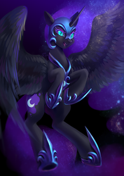 Size: 2894x4093 | Tagged: safe, artist:shu-jeantte, nightmare moon, alicorn, pony, g4, armor, female, flying, mare, night, solo, spread wings, wings