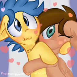 Size: 960x960 | Tagged: safe, artist:applerougi, oc, oc only, oc:chennie lye, oc:written shape, pegasus, pony, blushing, female, hug, male, mare, stallion