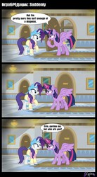 Size: 1280x2326 | Tagged: safe, edit, edited screencap, editor:lyinx, screencap, rarity, twilight sparkle, alicorn, pony, unicorn, friendship university, g4, alternate hairstyle, cap, clothes, comic, cyrillic, disguise, eyepatch, eyepatch (disguise), female, glowing horn, hat, hooves, horn, magic, mare, plainity, russian, screencap comic, smiling, speech bubble, spread wings, text, translation, twilight sparkle (alicorn), wings