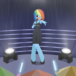 Size: 1200x1200 | Tagged: safe, artist:howxu, rainbow dash, anthro, unguligrade anthro, black dress, clothes, commissioner:ajnrules, dress, female, glowstick, hair over one eye, little black dress, microphone, open mouth, rain, rainbow dash always dresses in style, singing, solo, spotlight, umbrella, wet clothes, wet dress