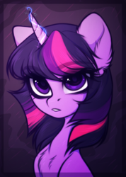 Size: 1208x1692 | Tagged: dead source, safe, artist:shenki, twilight sparkle, pony, g4, bust, chest fluff, ear fluff, eyebrows, eyebrows visible through hair, female, looking at you, magic, mare, portrait, solo