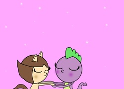 Size: 2100x1500 | Tagged: safe, artist:undeadponysoldier, spike, oc, oc:nick, giraffe, g4, 1000 hours in ms paint, blushing, eyelashes, femboy, gay, kissing, male, nike, pink background, shipping, simple background, sparkles