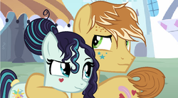 Size: 896x496 | Tagged: safe, artist:tharaxia, coloratura, feather bangs, pony, g4, colorabangs, female, male, shipping, straight