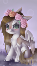 Size: 750x1334 | Tagged: safe, artist:fluxittu, oc, oc only, pegasus, pony, blushing, chest fluff, chibi, cute, female, floral head wreath, flower, freckles, looking at you, mare, ocbetes, sitting, solo, underhoof