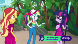 Size: 1920x1080 | Tagged: safe, screencap, rainbow dash, sci-twi, sunset shimmer, twilight sparkle, equestria girls, equestria girls series, g4, spring breakdown, spoiler:eqg series (season 2), cap, clothes, female, geode of telekinesis, glasses, hat, magical geodes, pants, ponytail, sleeveless, smiling, staff, staff of sacanas, tank top