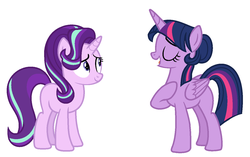 Size: 1343x845 | Tagged: safe, artist:mekabases, artist:wilt, derpibooru exclusive, starlight glimmer, twilight sparkle, alicorn, pony, unicorn, g4, alternate hairstyle, base used, missing cutie mark, twilight sparkle (alicorn)