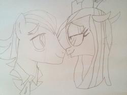 Size: 1632x1224 | Tagged: safe, artist:damiranc1, filthy rich, queen chrysalis, changeling, changeling queen, earth pony, pony, g4, boop, chrysarich, eyebrows, female, looking at each other, male, noseboop, shipping, smiling, straight, traditional art