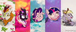 Size: 1052x445 | Tagged: safe, artist:dustysculptures, autumn blaze, derpy hooves, starlight glimmer, twilight sparkle, alicorn, kirin, nirik, pegasus, pony, unicorn, g4, marks for effort, my little pony best gift ever, sounds of silence, charm, craft, faic, female, i mean i see, mare, pudding face, twilight sparkle (alicorn), unamused