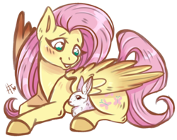 Size: 1280x1016 | Tagged: safe, artist:hannahtailz, angel bunny, fluttershy, pegasus, pony, rabbit, g4, blushing, colored hooves, duo, female, looking at something, looking down, mare, prone, simple background, smiling, transparent background, wings