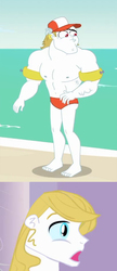 Size: 507x1171 | Tagged: safe, edit, edited screencap, screencap, bulk biceps, prince blueblood, equestria girls, g4, my little pony equestria girls: better together, turf war, barefoot, clothes, cropped, equestria girls-ified, feet, gay, hat, male, male nipples, nipples, nudity, partial nudity, speedo, topless