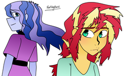 Size: 4319x2642 | Tagged: safe, artist:thatgreypeanut, derpibooru exclusive, princess luna, sunset shimmer, vice principal luna, equestria girls, g4, age difference, blushing, duo, female, flirting, lesbian, lunashimmer, shipping, simple background, white background