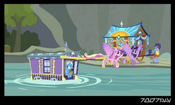 Size: 640x386 | Tagged: safe, edit, edited screencap, editor:teren rogriss, screencap, hoo'far, princess cadance, trixie, twilight sparkle, alicorn, horse, pony, unicorn, g4, road to friendship, clothes, cutie mark, female, flying, grin, gritted teeth, hoo'far's wagon, hooves, horn, jewelry, male, mare, regalia, river, sisters-in-law, smiling, spread wings, stallion, tiara, tree, trixie's wagon, twilight sparkle (alicorn), water, wings