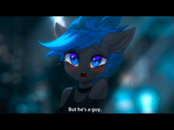 Size: 799x599 | Tagged: safe, artist:vincher, oc, oc only, oc:vibrant star, anthro, anime, blushing, collar, fake screencap, femboy, letterboxing, looking at you, male, open mouth, solo, stallion, steins;gate, teary eyes, trap
