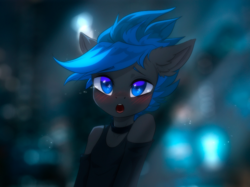 Size: 799x599 | Tagged: safe, artist:vincher, oc, oc only, oc:vibrant star, earth pony, anthro, anthro oc, blushing, collar, looking at you, male, open mouth, solo, stallion, teary eyes, trap