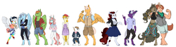 Size: 6931x1867 | Tagged: safe, artist:vindhov, oc, oc only, oc:bumblebee, oc:curtain call, oc:haywire, oc:honeycrisp, oc:inkwell, oc:perfectly peachy pie, oc:petit choux, oc:scarlet heart, oc:silver lining (vindhov), oc:snap apple, oc:sulphur pie, earth pony, pegasus, unicorn, anthro, unguligrade anthro, anthro oc, clothes, crossed arms, disguise, dress, female, group, hat, interspecies offspring, jacket, long description, male, mare, offspring, parent:applejack, parent:big macintosh, parent:cheerilee, parent:discord, parent:donut joe, parent:flash sentry, parent:fluttershy, parent:pinkie pie, parent:ponet, parent:rainbow dash, parent:rarity, parent:soarin', parent:trouble shoes, parent:twilight sparkle, parent:wind rider, parents:cheerimac, parents:discodash, parents:flashlight, parents:ponetshy, parents:rarijoe, parents:soarinjack, parents:trouble pie, parents:windash, shorts, simple background, size difference, smiling, stallion, vest, white background