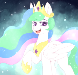 Size: 2337x2251 | Tagged: safe, artist:adostume, princess celestia, alicorn, pony, g4, magical mystery cure, ascension realm, celestia's ballad, colored pupils, crown, cute, cutelestia, eyebrows, eyebrows visible through hair, female, heart eyes, high res, hoof shoes, jewelry, open mouth, peytral, princess celestia's special princess making dimension, regalia, solo, wing fluff, wingding eyes