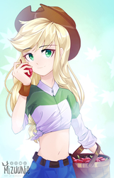 Size: 804x1248 | Tagged: safe, artist:mizuunie, applejack, human, equestria girls, g4, anime, apple, basket, belly button, breasts, colored pupils, cute, delicious flat chest, female, flatjack, food, humanized, jackabetes, midriff, side knot midriff, solo
