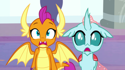 Size: 1920x1080 | Tagged: safe, screencap, ocellus, smolder, changedling, changeling, dragon, a matter of principals, g4, bracelet, dragoness, duo, fangs, female, looking at you, open mouth, scared, spread wings, wide eyes, wings