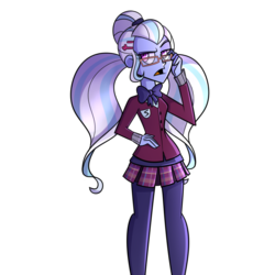 Size: 1000x1000 | Tagged: dead source, safe, artist:wubcakeva, sugarcoat, equestria girls, g4, my little pony equestria girls: friendship games, clothes, crystal prep academy uniform, female, glasses, hand on hip, leggings, looking at you, miniskirt, open mouth, pigtails, plaid skirt, pleated skirt, school uniform, simple background, skirt, solo, transparent background, twintails