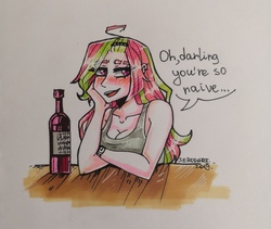 Size: 1728x1456 | Tagged: safe, artist:serodart, oc, oc only, oc:mollydv, human, alcohol, blushing, bottle, breasts, cleavage, clock, clothes, drinking, drunk, eyebrow slit, eyebrows, female, humanized, solo, text, traditional art, wine