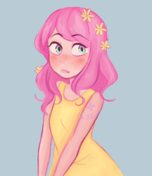 Size: 613x710 | Tagged: safe, artist:dozybunny, fluttershy, human, g4, alternative cutie mark placement, blue background, blushing, clothes, cute, dress, female, flower, flower in hair, humanized, looking away, shoulder cutie mark, shyabetes, simple background, solo, three quarter view