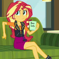 Size: 876x877 | Tagged: safe, edit, edited screencap, editor:someguy845, screencap, sunset shimmer, equestria girls, g4, my little pony equestria girls: better together, my little pony equestria girls: choose your own ending, text support, text support: sunset shimmer, boss lady, clothes, confident, couch, crossed legs, female, food, geode of empathy, legs, magical geodes, mug, sitting, smug, smugset shimmer, solo, tea, text, vest