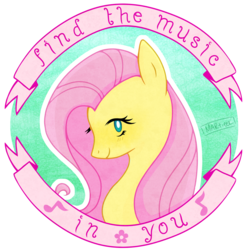 Size: 1100x1100 | Tagged: safe, artist:martieek, fluttershy, pony, filli vanilli, g4, my little pony: friendship is magic, bust, cute, female, flower, music notes, old banner, portrait, positive message, shyabetes, solo